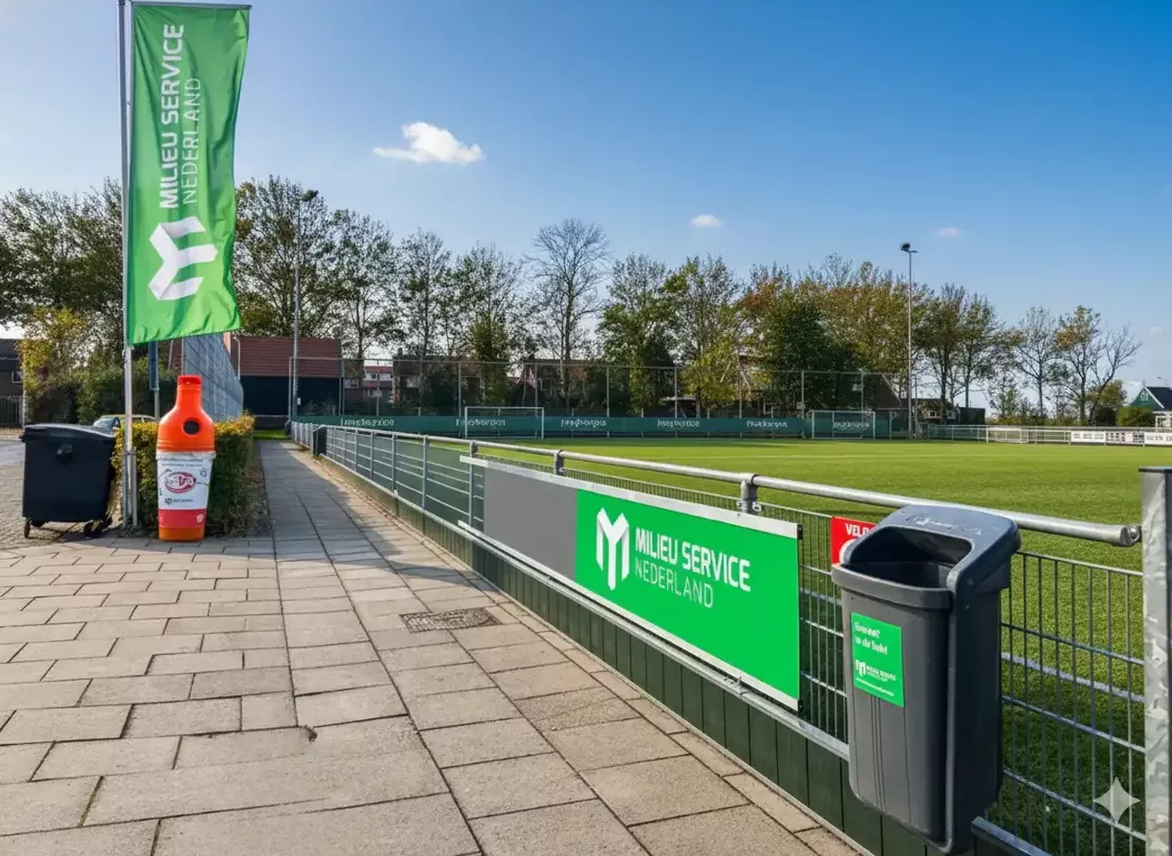 Sponsor borden van Milieu Service Nederland en afvalbakken op voetbalvereniging