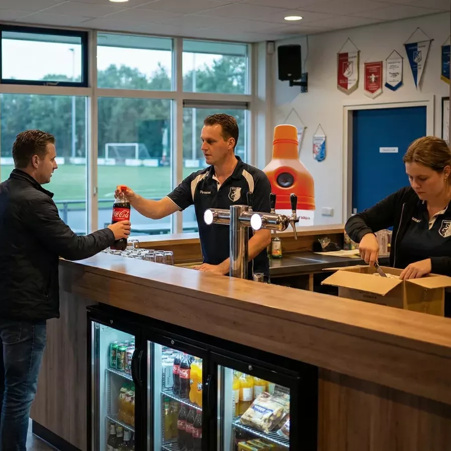 Moderne sportkantine waar een medewerker een colafles aan een klant geeft en een ander een doos opent, terwijl iemand met sportsokken binnenkomt; grote ramen tonen een groen voetbalveld op de achtergrond.