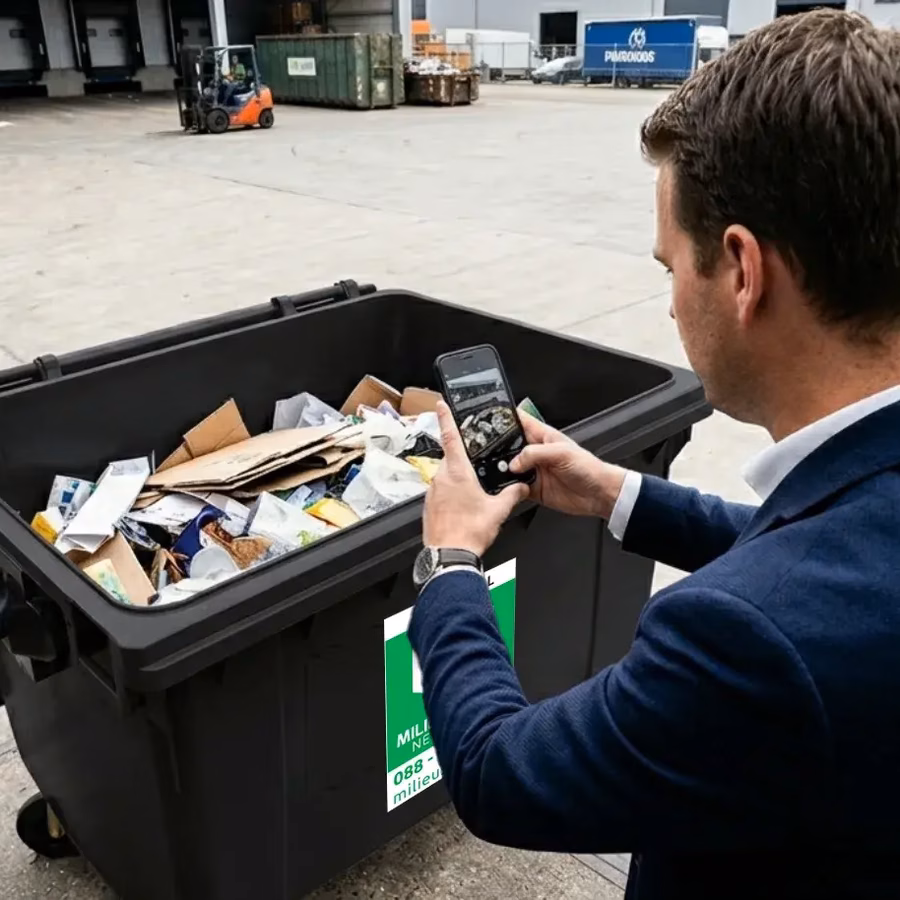 Accountmanager met de QuickScan op zijn telefoon boven een open rolcontainer