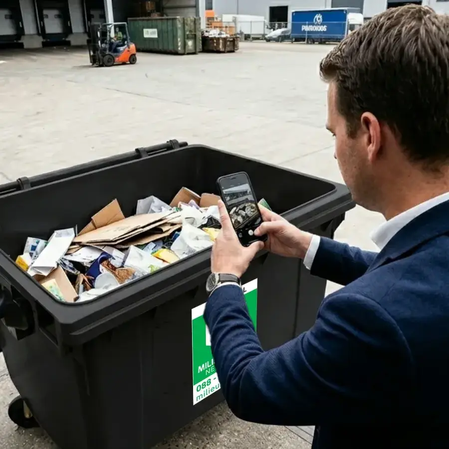 Accountmanager met de QuickScan op zijn telefoon boven een open rolcontainer