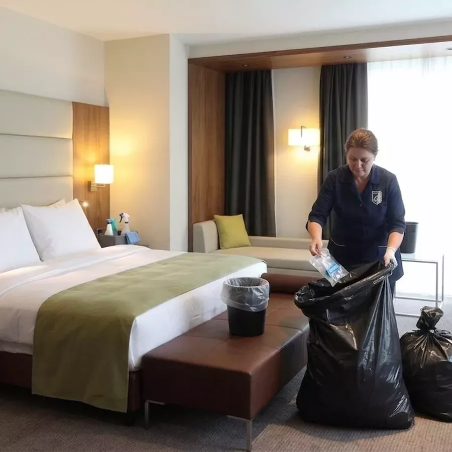 Schoonmaker leegt prullenbakken in vuilniszak in hotelkamer.